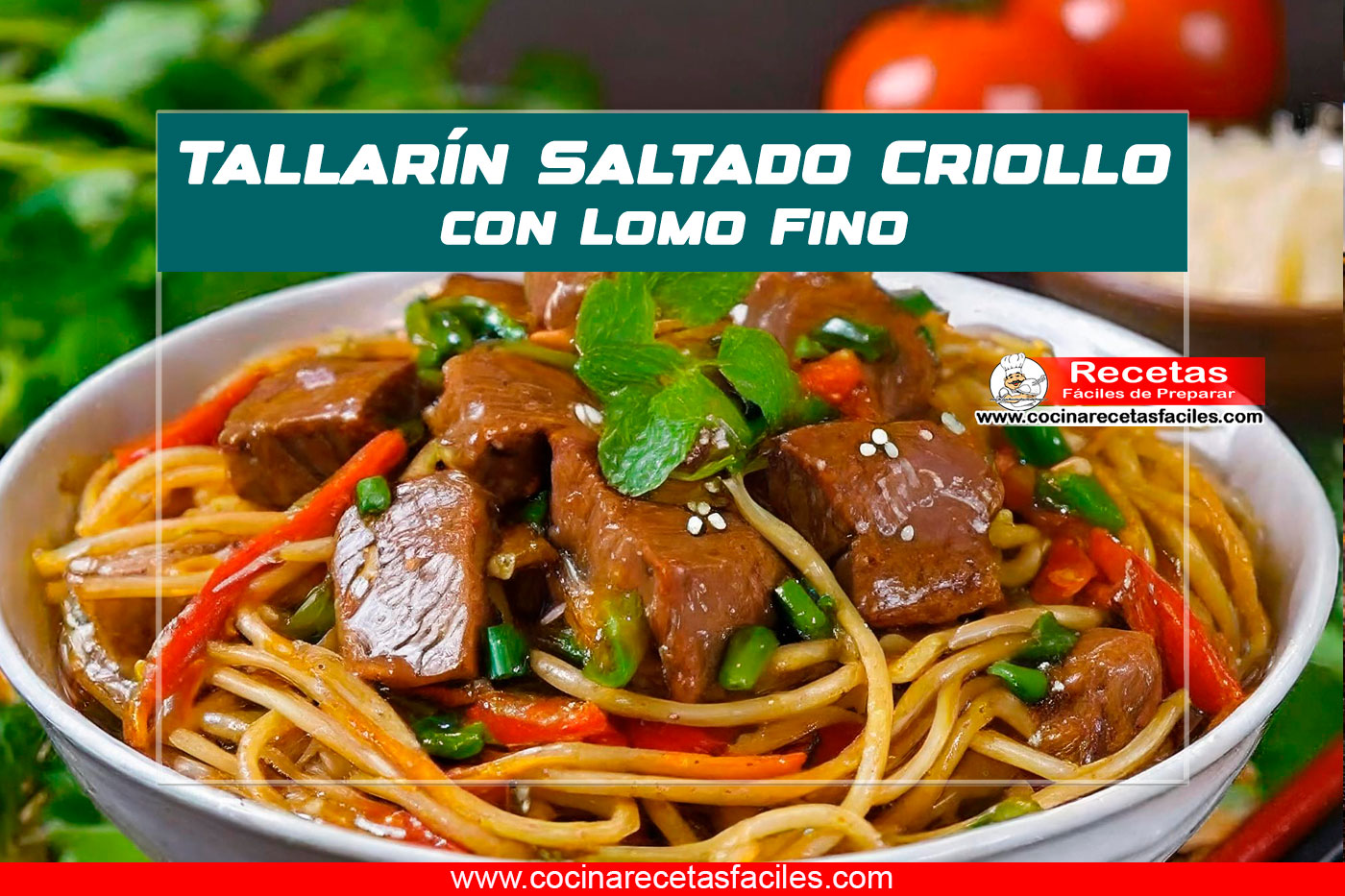 Imagen de un Tallarín Saltado Criollo con Lomo Fino, servido con vegetales coloridos y cilantro fresco.