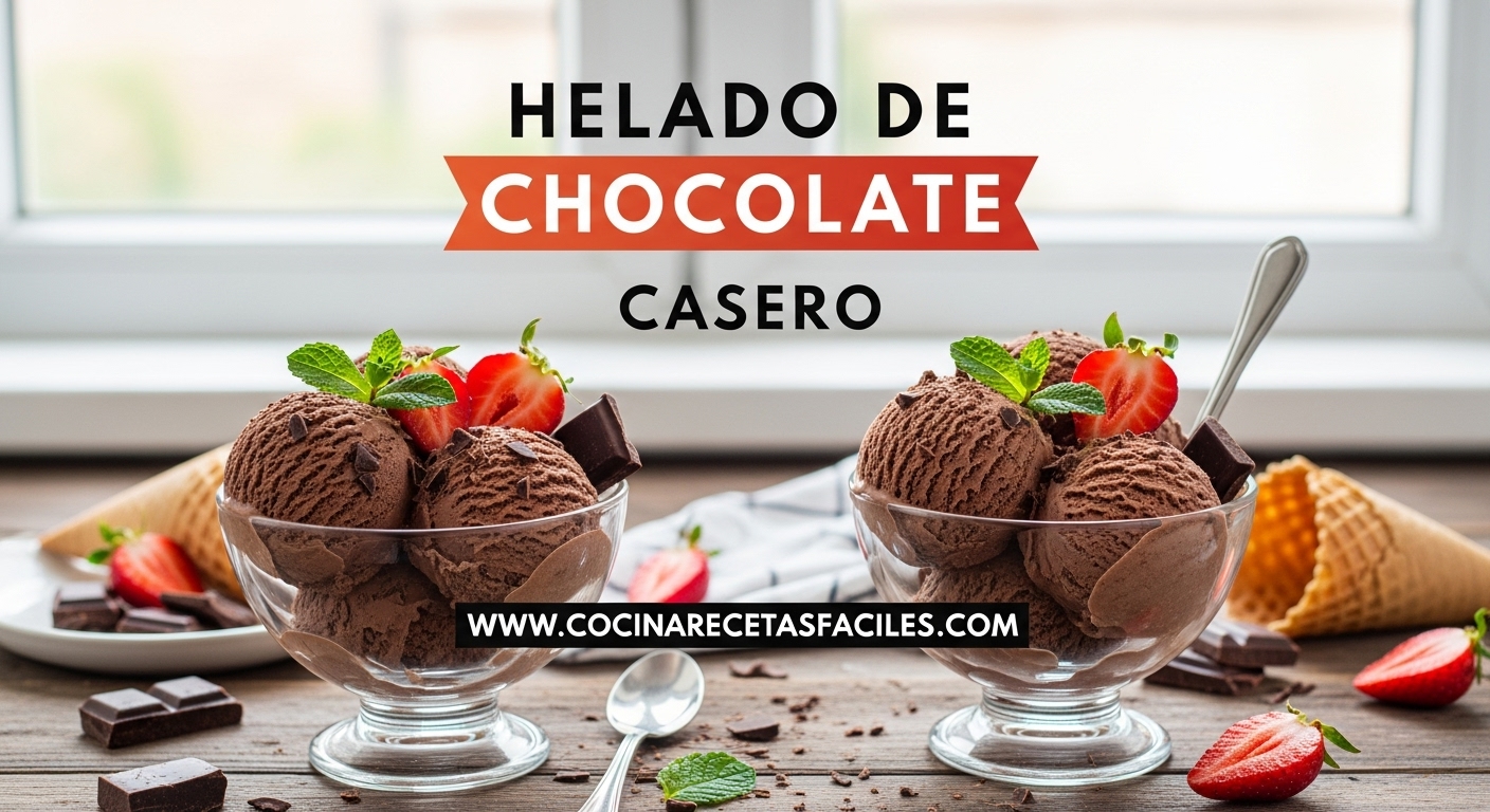 Helado de chocolate casero cremoso servido en copas de cristal sobre encimera de madera rústica, con ingredientes naturales y presentación apetitosa