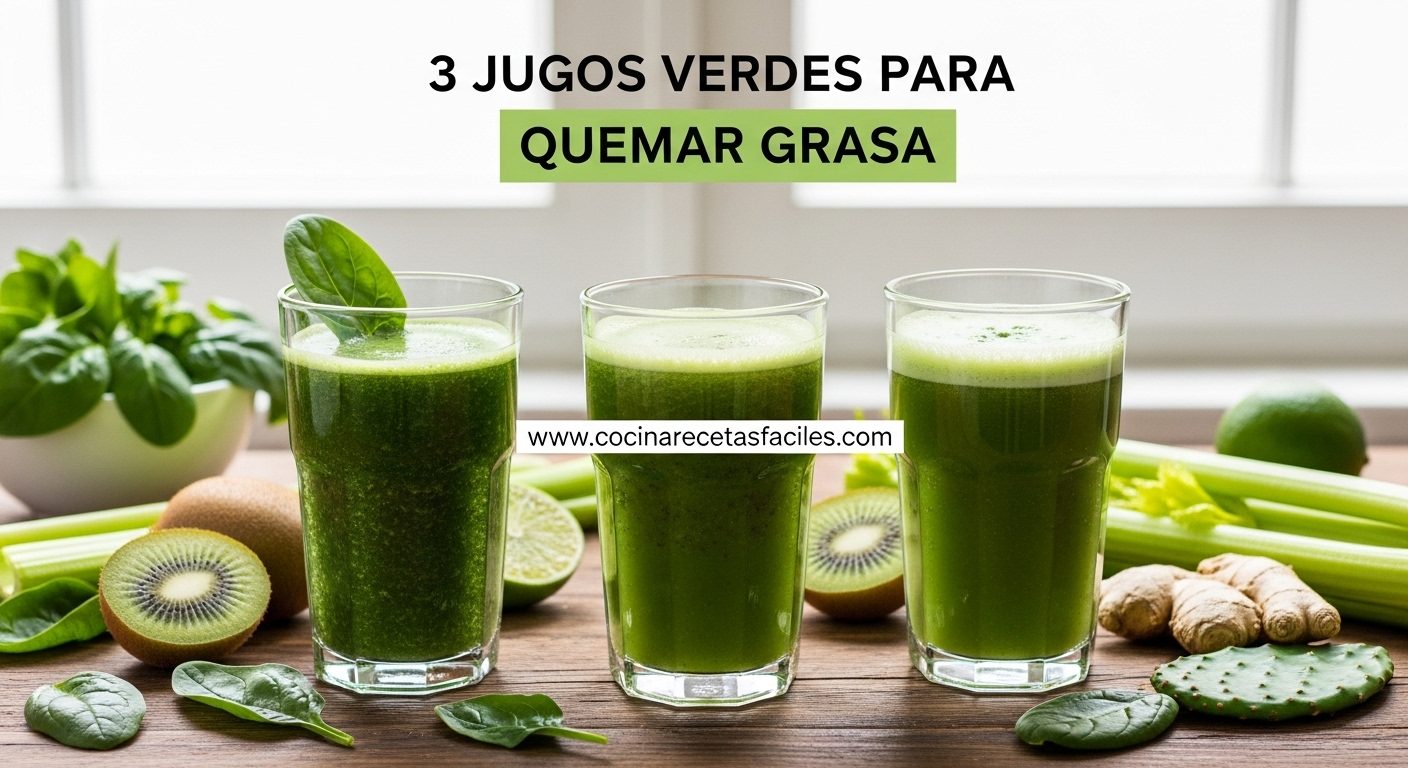 Tres vasos de jugos verdes para quemar grasa con ingredientes frescos sobre mesa de madera, recetas fáciles y efectivas