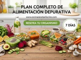 Plan de alimentación depurativa de 7 días mostrando meal prep semanal con comidas saludables, batidos verdes y ingredientes frescos desintoxicantes sobre mesa de madera