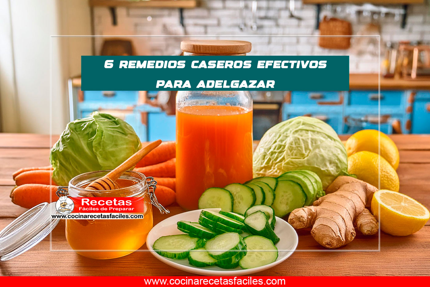 "Ingredientes naturales para remedios caseros para adelgazar sobre una mesa de cocina."