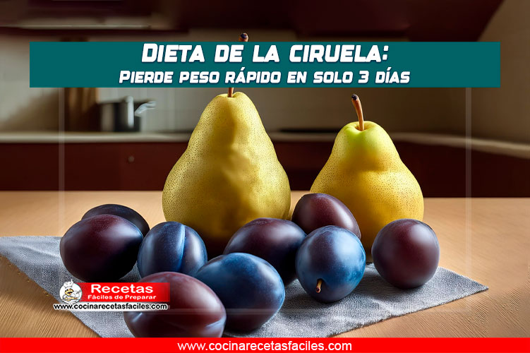 Ciruelas y peras frescas en una mesa de cocina, ideales para la dieta de la ciruela para adelgazar en 3 días
