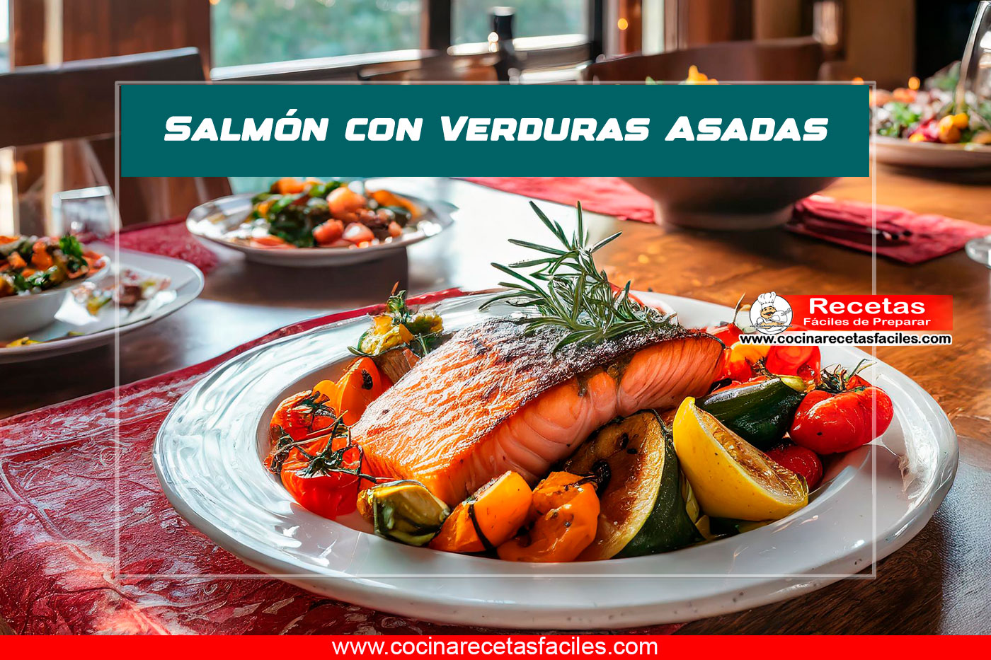 "Salmón con verduras asadas en plato blanco sobre mesa decorada"