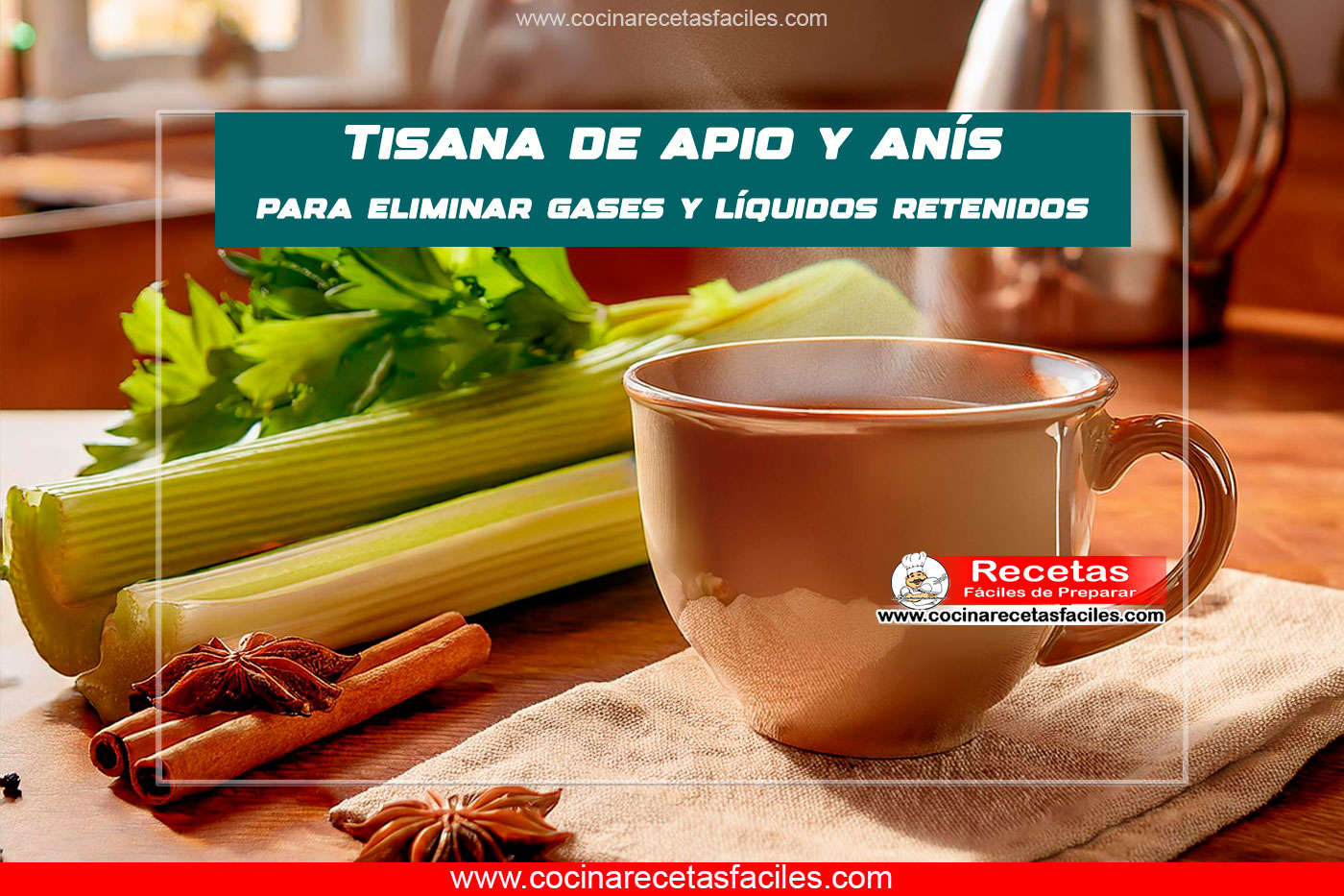 Taza de tisana de apio y anís en una mesa de madera con ingredientes frescos alrededor