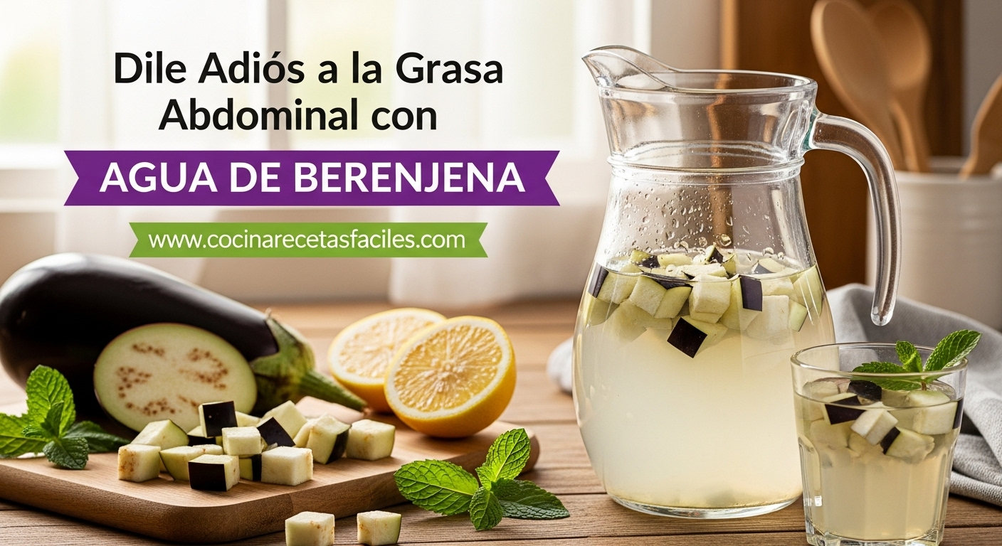 Jarra de vidrio con agua de berenjena casera sobre mesa de madera rústica con rodajas de berenjena fresca, limón y vaso servido, iluminación natural suave, fotografía profesional de alimentos