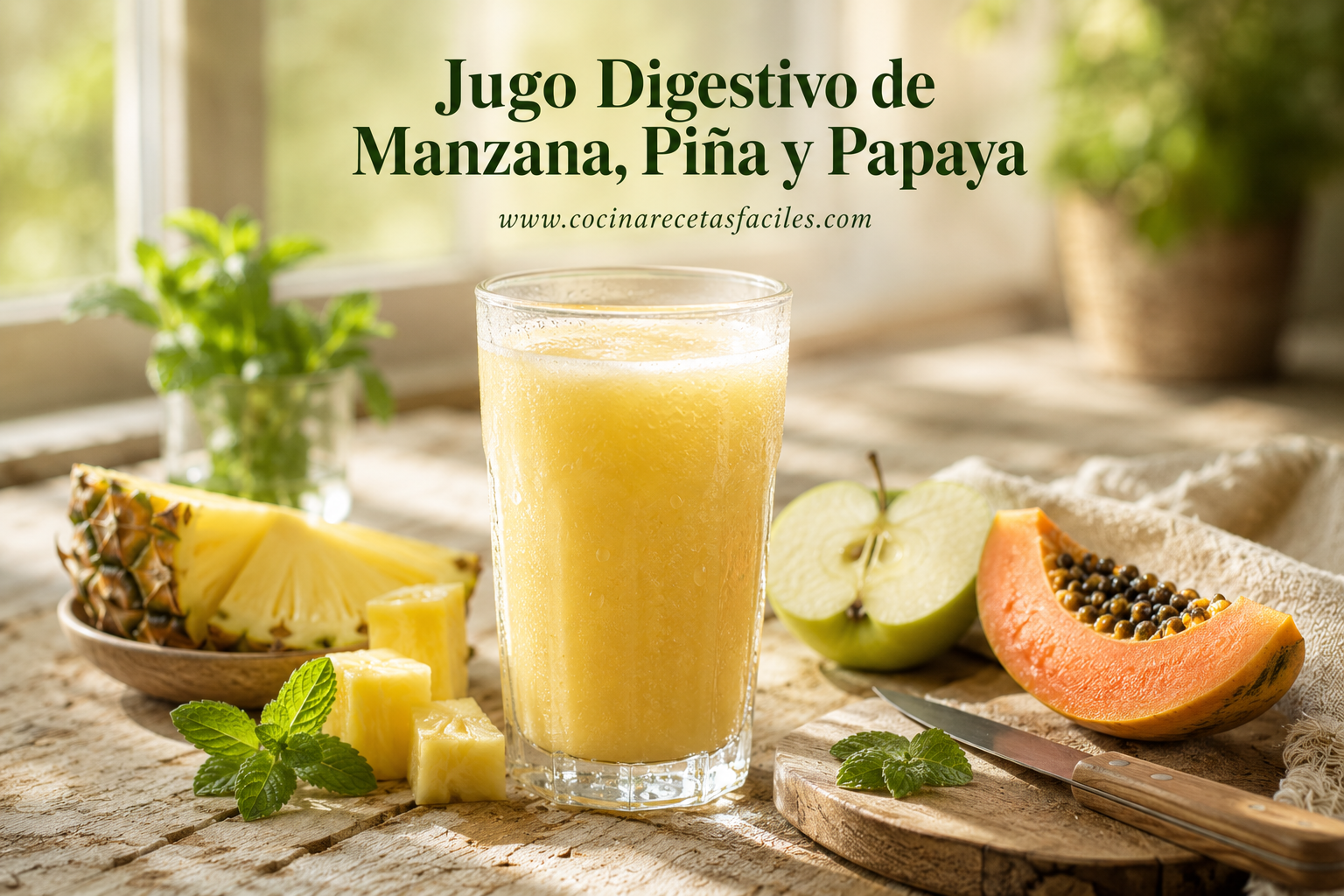Vaso de jugo digestivo de manzana, piña y papaya sobre mesa de madera rústica con frutas frescas alrededor