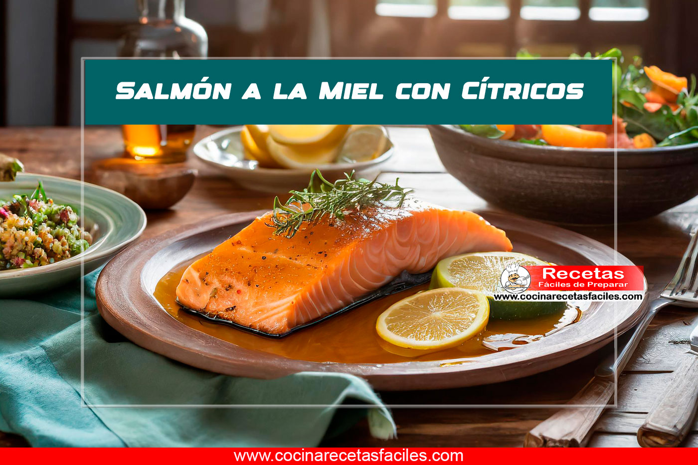 "Salmón a la miel con cítricos en plato blanco sobre mesa decorada"