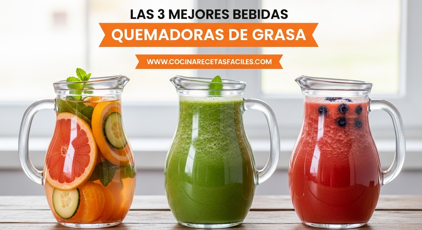 Tres jarras de vidrio con bebidas quemagrasas naturales - agua detox cítrica, batido verde y agua metabólica sobre mesa de madera rústica