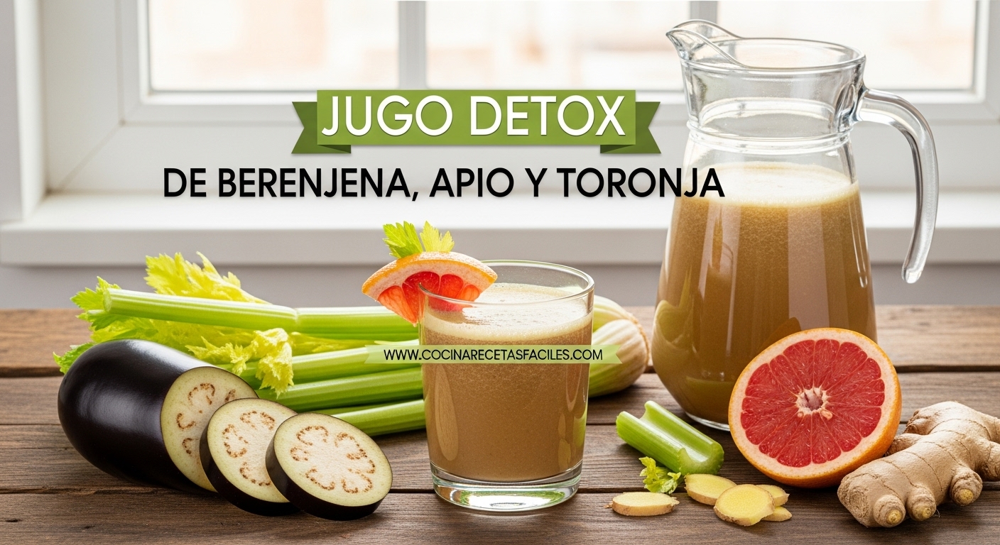 Jugo detox natural de berenjena, apio y toronja servido en vaso de cristal con ingredientes frescos alrededor sobre mesa de madera rústica, ideal para eliminar toxinas del cuerpo