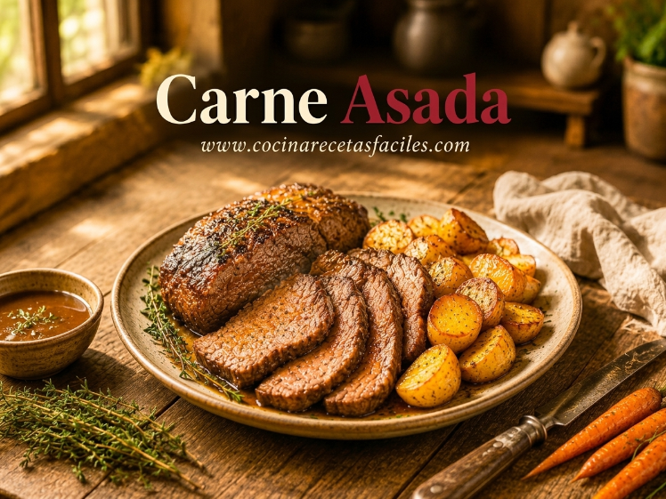 Carne asada en lonchas con patatas doradas al horno, servida en fuente de madera con salsa