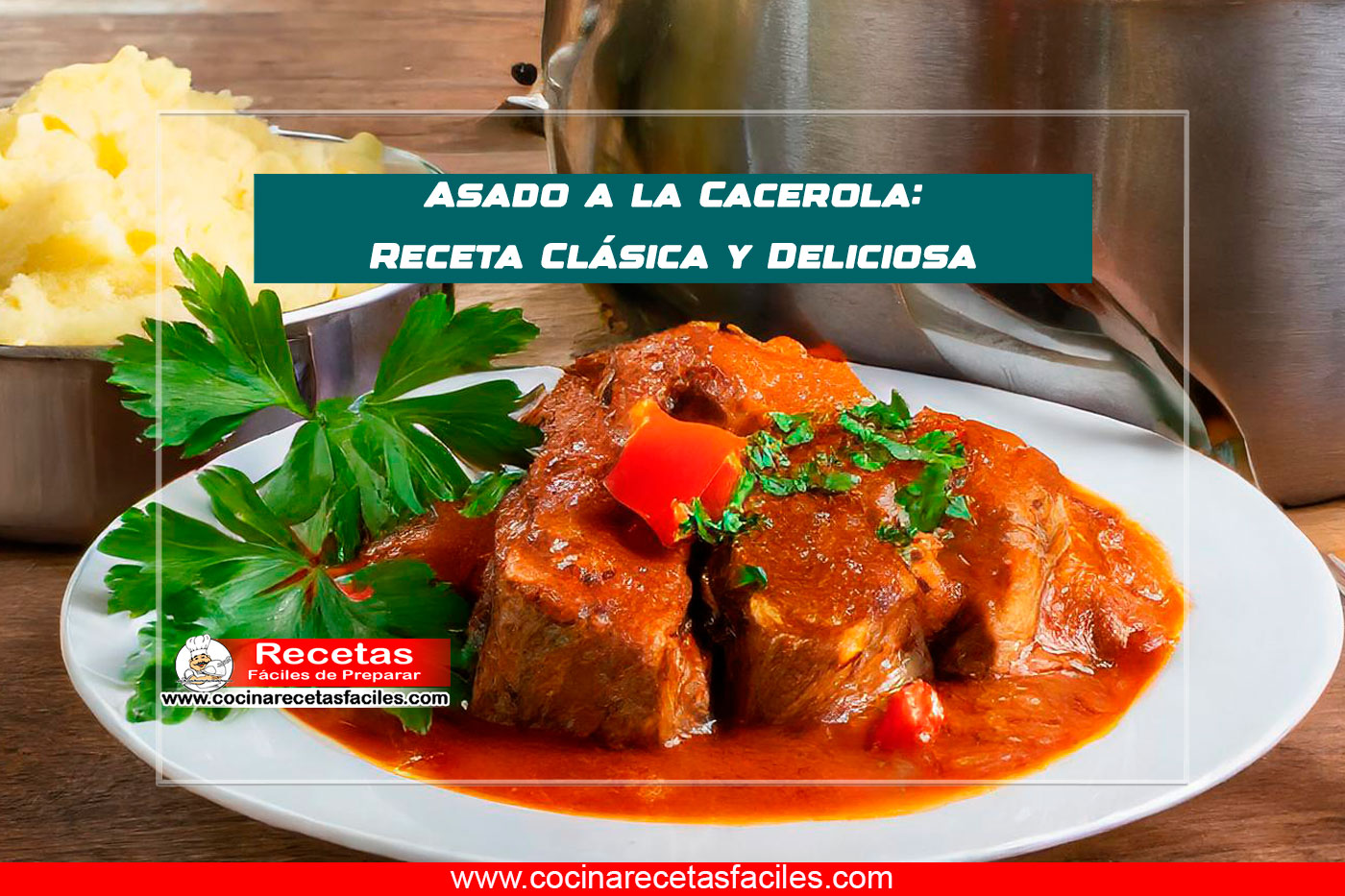 "Olla a presión con asado a la cacerola y un plato servido con carne y puré de papas sobre una mesa de cocina."