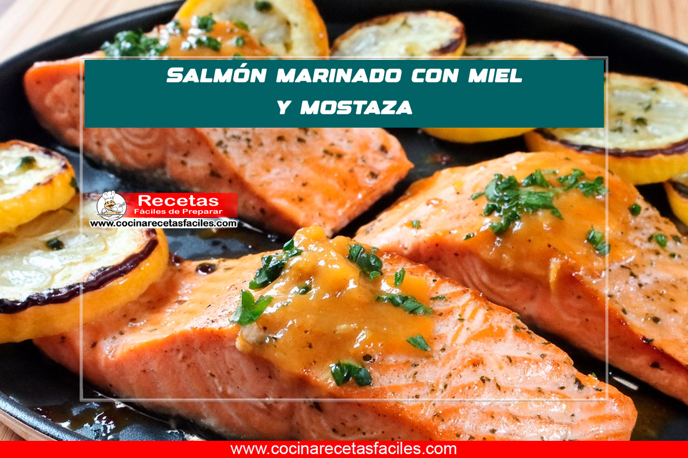 "Plato de salmón marinado con miel y mostaza acompañado de calabacines cocidos sobre una mesa de cocina."