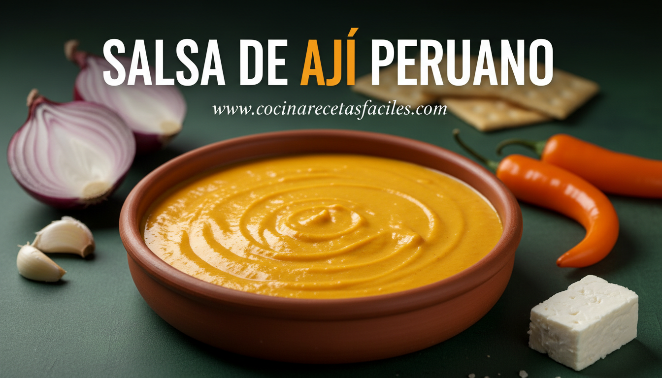 Salsa de ají amarillo peruano cremosa en bowl de cerámica con ajíes frescos y queso de cabra sobre mesa de madera