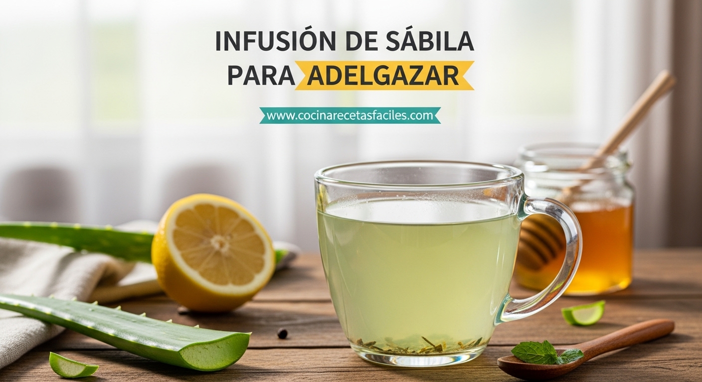 Taza de cristal con infusión de sábila para adelgazar color verde claro, junto a hoja de aloe vera fresca y limón sobre mesa de madera rústica con luz natural