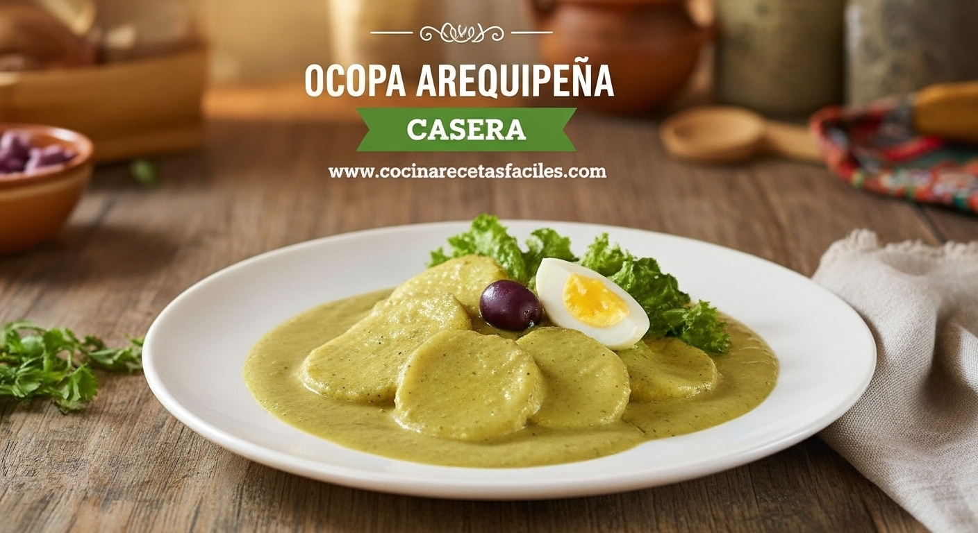 Plato de ocopa arequipeña tradicional con papas amarillas, salsa verde cremosa, huevo duro y aceitunas negras sobre mesa de madera rústica