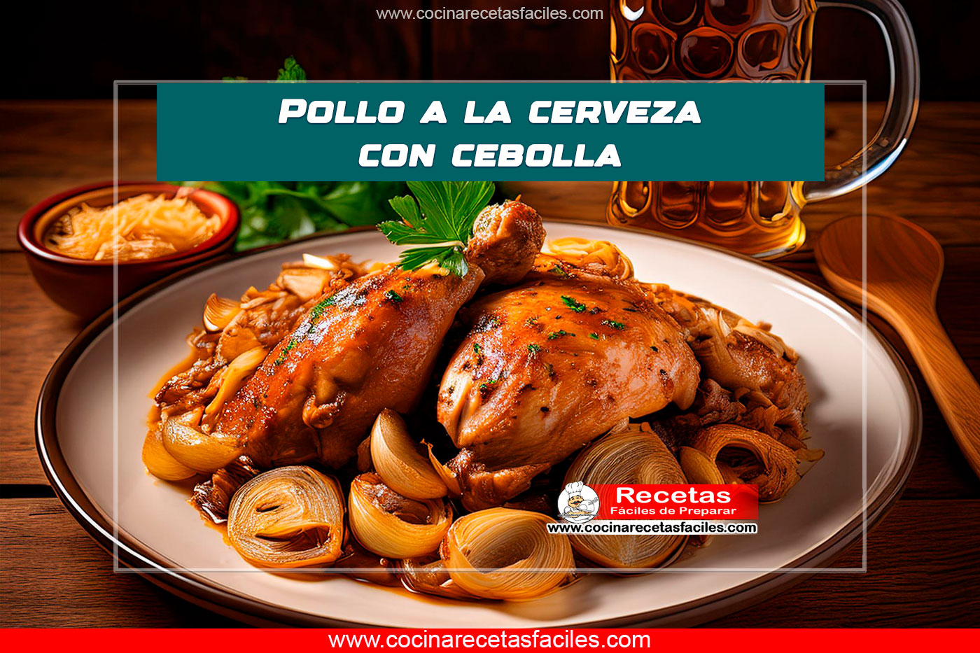 Pollo a la cerveza con cebolla servido en un plato con salsa.