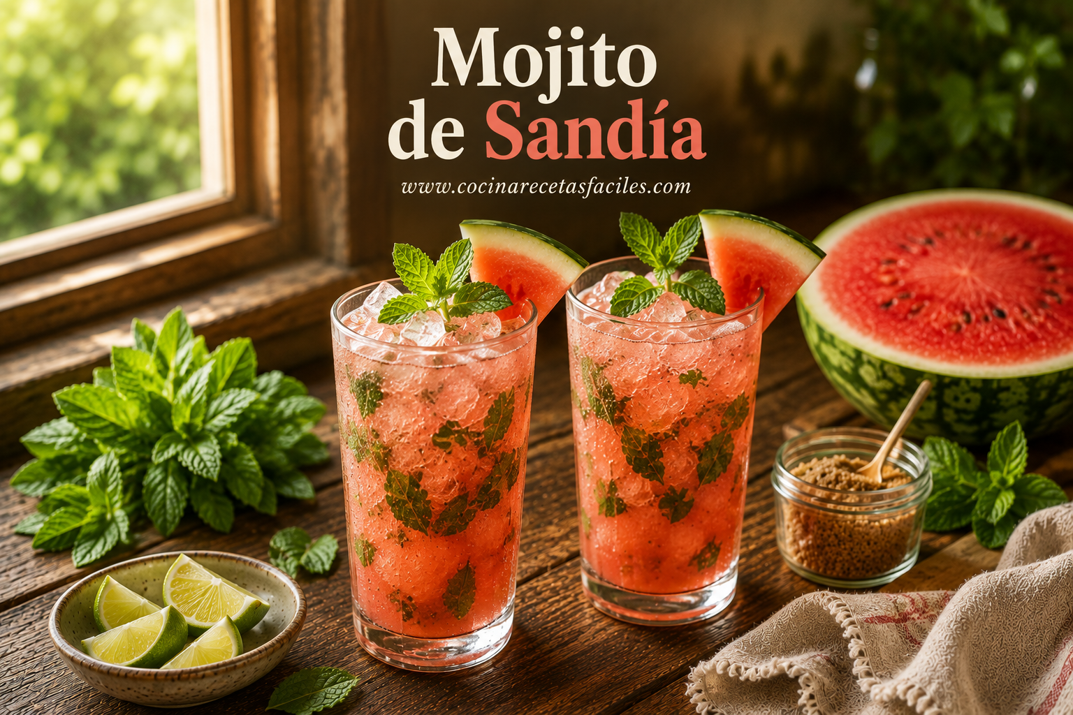 Mojito de sandía casero servido en vaso alto con hielo, menta fresca y rodaja de sandía, receta fácil para el verano