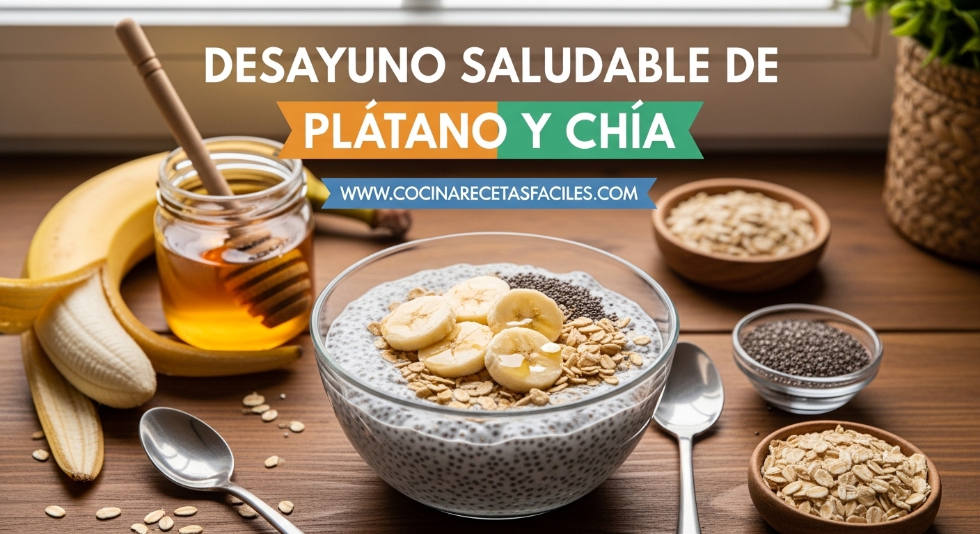 Desayuno saludable de plátano, chía y avena servido en un bol de vidrio, decorado con rodajas de plátano, miel y copos de avena sobre una mesa de madera cerca de una ventana.