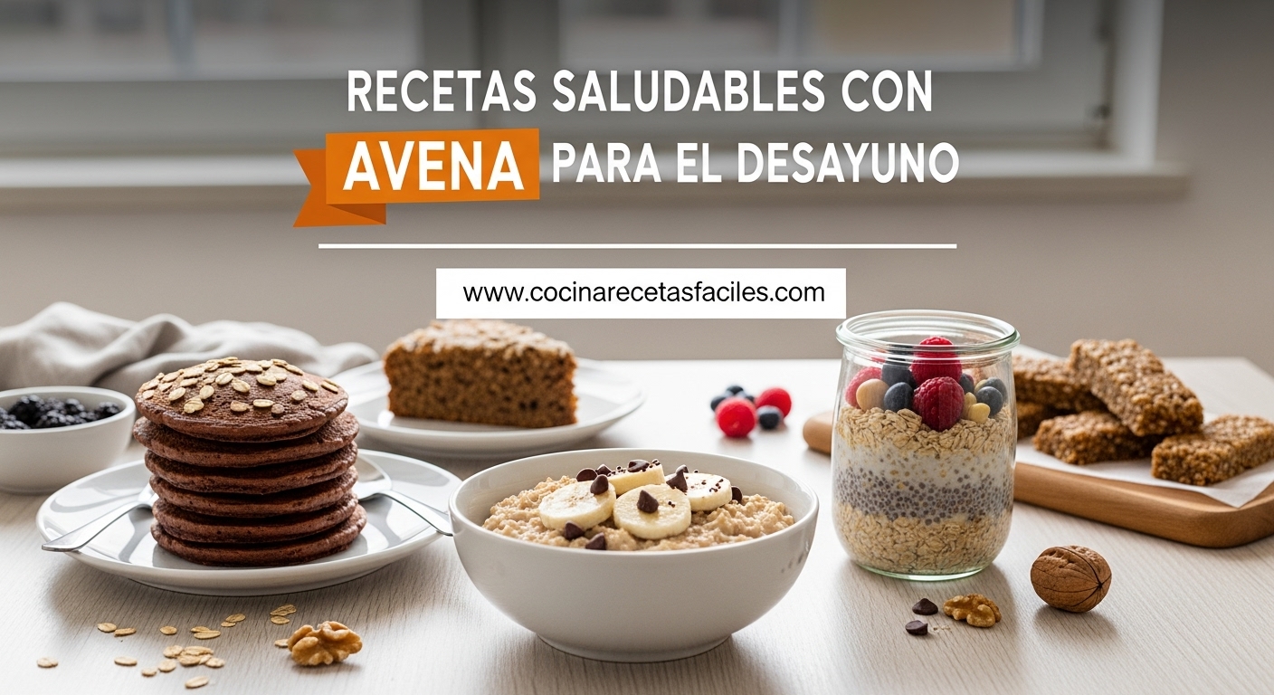 Bowl de avena saludable con plátano, arándanos y nueces, rodeado de tortitas de avena, granola casera y barritas energéticas sobre mesa de madera rústica con luz natural