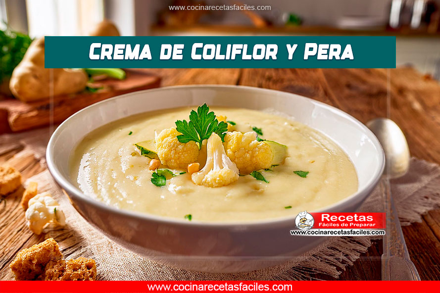 Crema de coliflor y pera con almendras tostadas y perejil