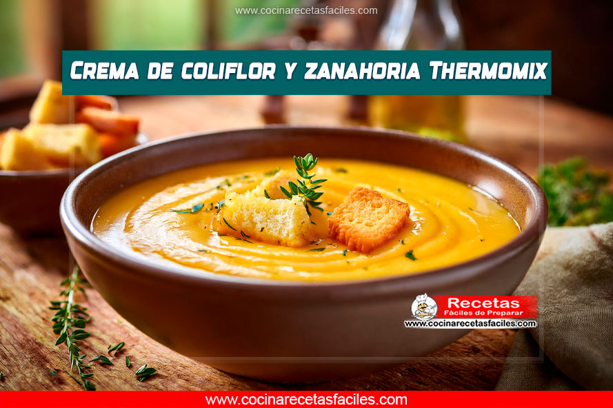 Crema de coliflor y zanahoria servida en un bol rústico