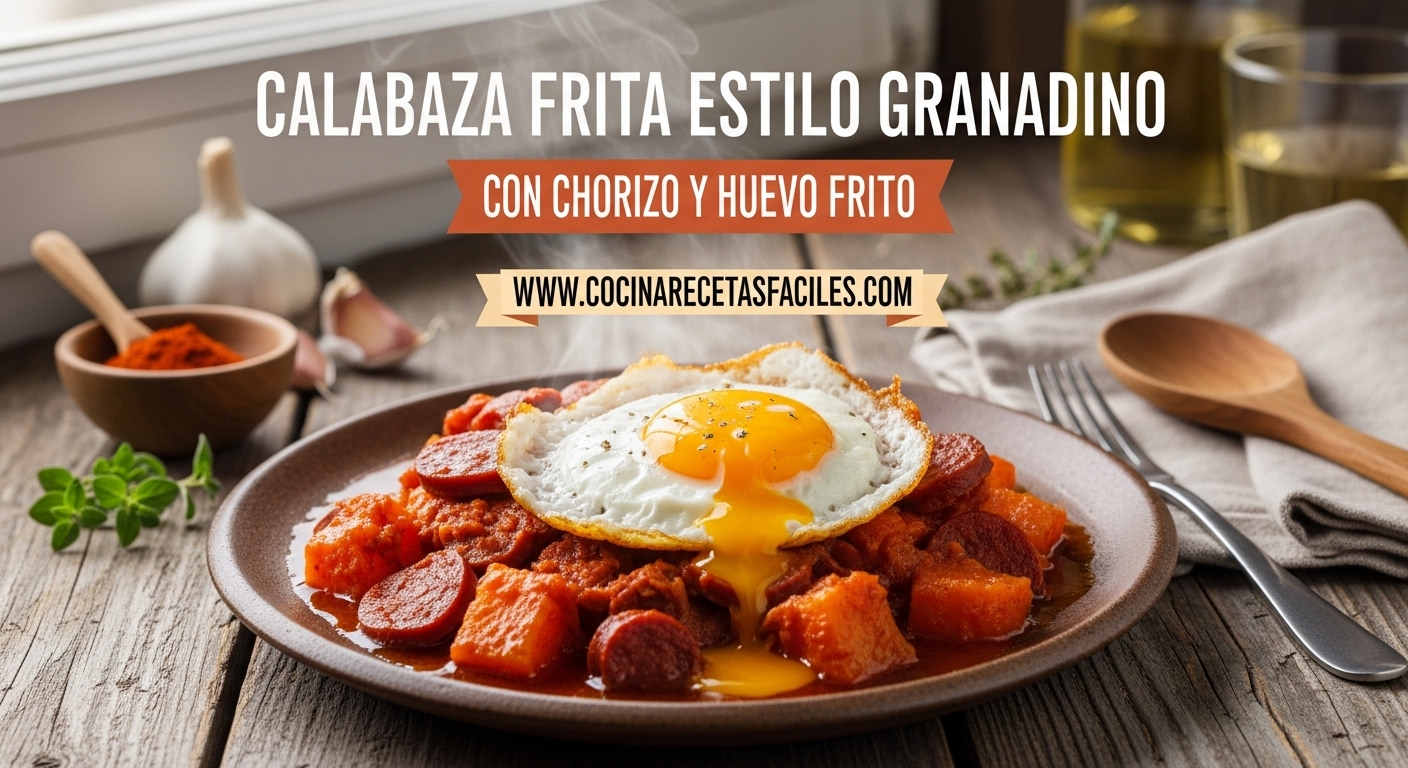 "Plato de calabaza frita estilo granadino con chorizo en salsa de pimentón y huevo frito con yema líquida"