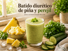 Batido diurético de piña y perejil: la Bebida Fresca que te Ayuda a Desinflamar Vaso de batido diurético de piña y perejil recién preparado, con piña y perejil fresco alrededor