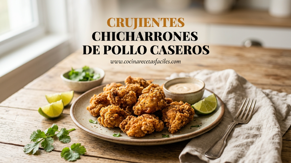Chicharrón de pollo casero crujiente servido con limón y salsa, receta fácil paso a paso