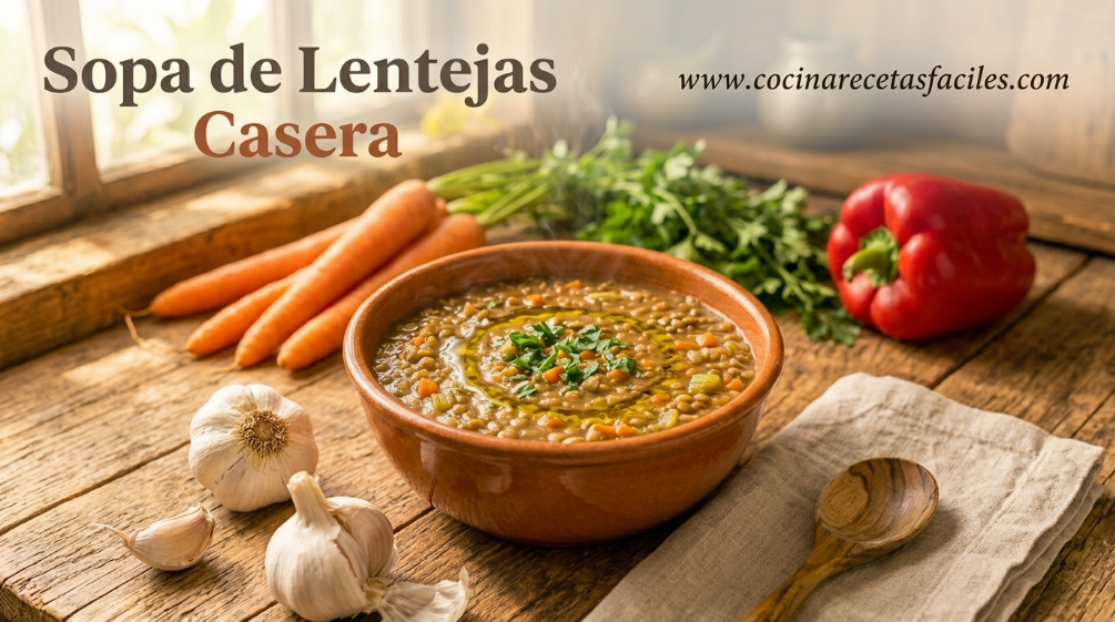 Tazón de sopa de lentejas casera espesa con zanahoria y perejil, receta fácil paso a paso