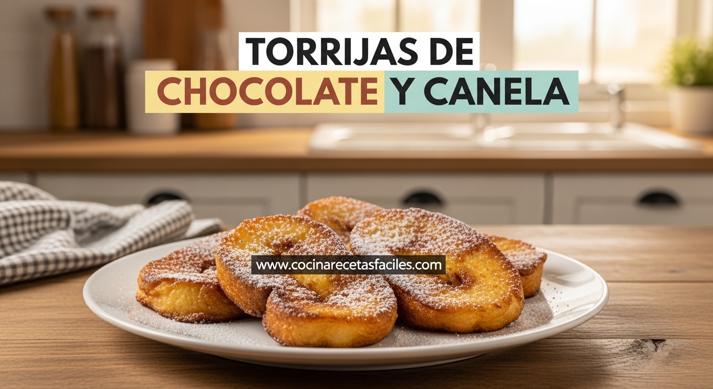 Torrijas de chocolate y canela doradas servidas en plato blanco sobre mesa de madera rústica con azúcar glass y canela espolvoreada