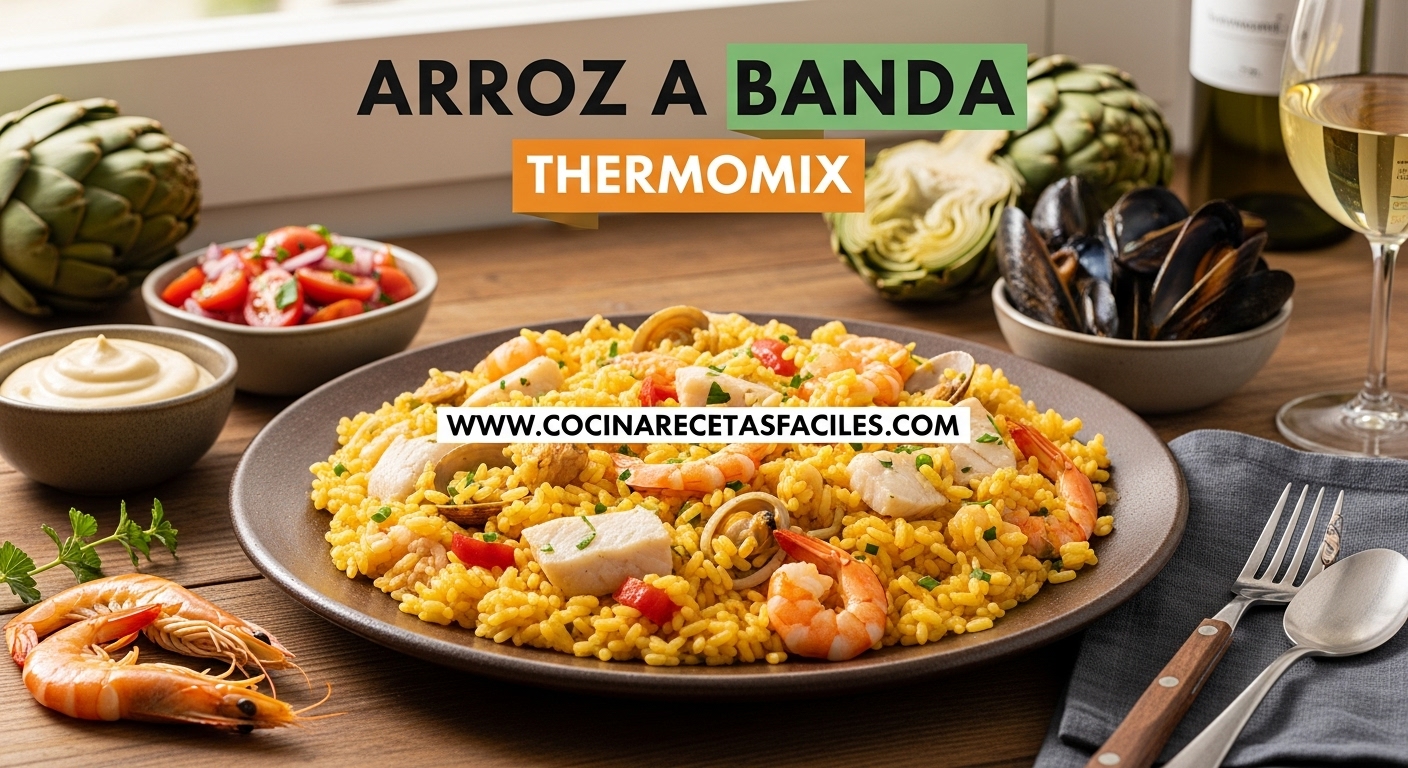 Arroz a banda thermomix dorado servido en paellera tradicional con ingredientes frescos y fumet casero, receta auténtica valenciana