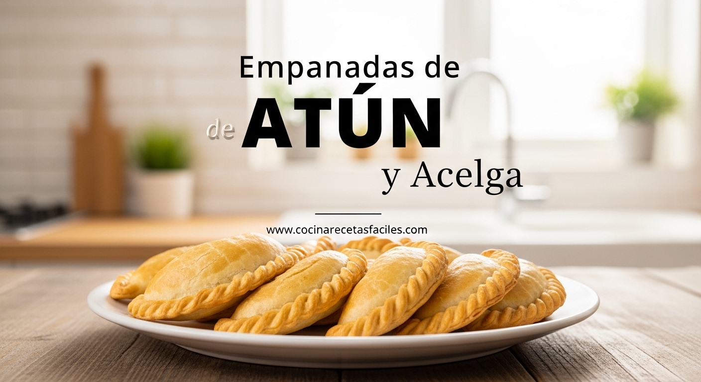 Empanadas doradas de atún y acelga sobre mesa de madera, una cortada mostrando el relleno verde y proteico, perfectas para almuerzo o aperitivo