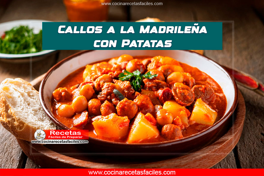 Callos a la madrileña con patatas servidos con pan y perejil fresco