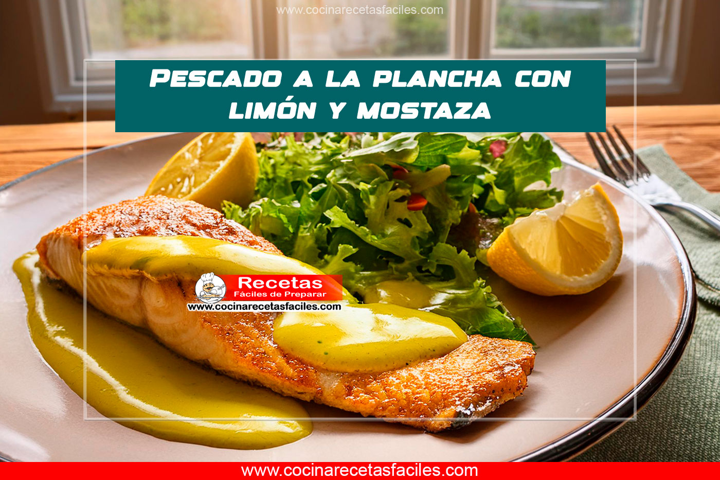 Pescado a la plancha con limón y mostaza sobre una mesa de madera en una cocina con ventana.