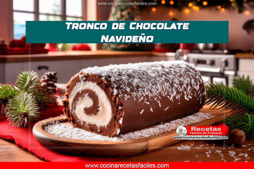 Tronco de chocolate navideño con relleno de nata y espolvoreado con coco, en un ambiente festivo navideño