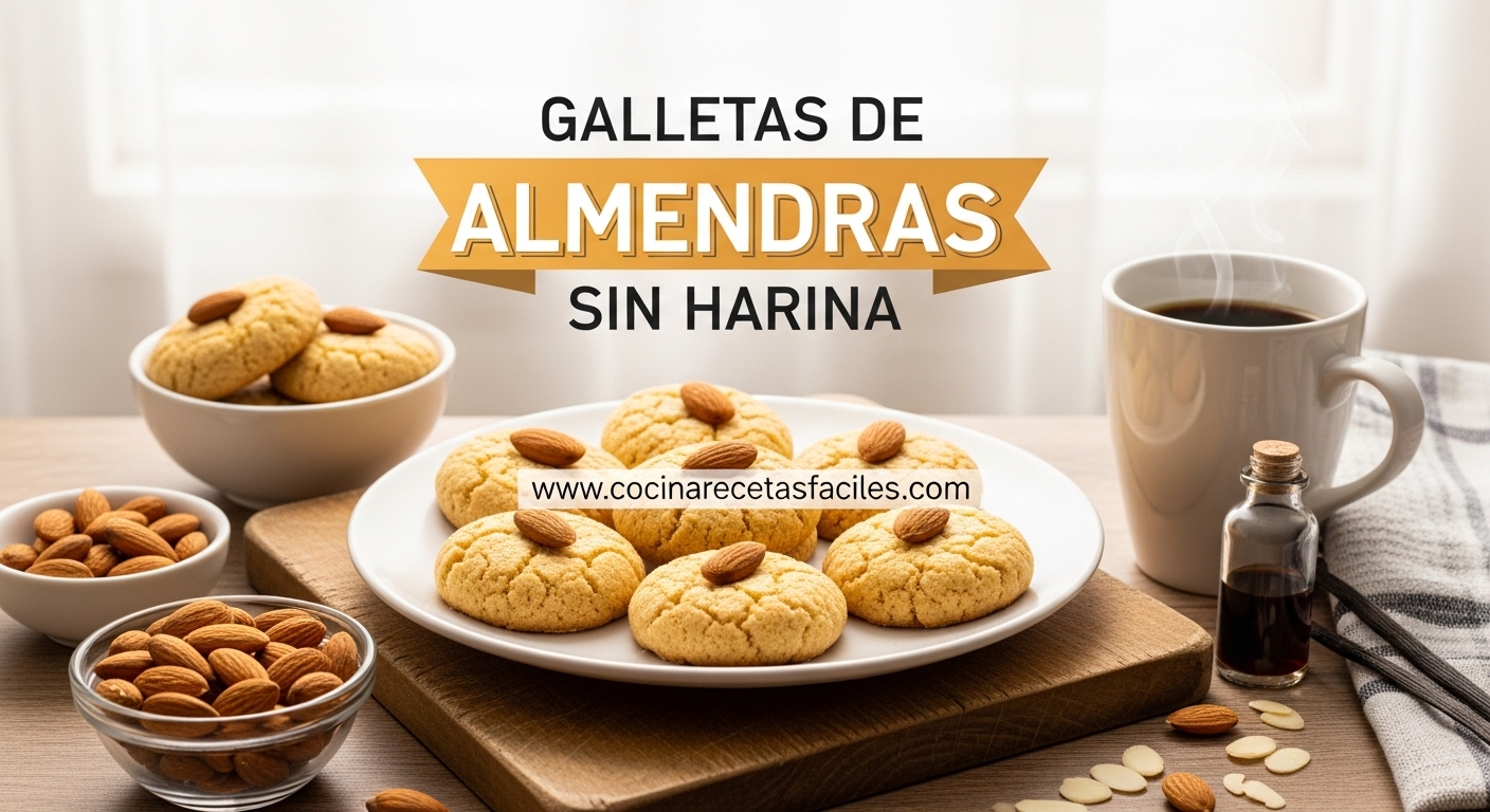 Galletas de almendras sin harina doradas sobre tabla de madera con ingredientes frescos y café humeante