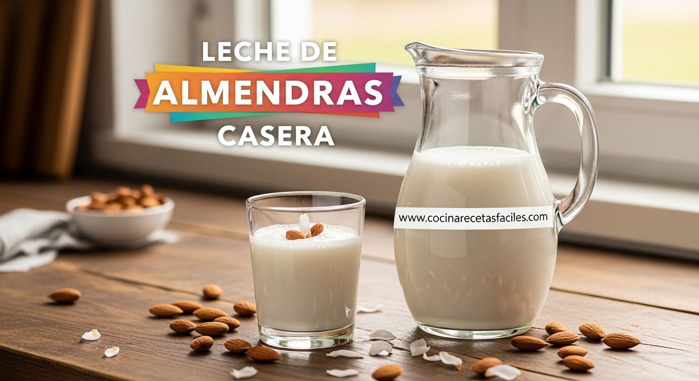 Fotografía profesional de una jarra y vaso con leche de almendras casera sobre encimera de madera cerca de una ventana, con almendras alrededor.