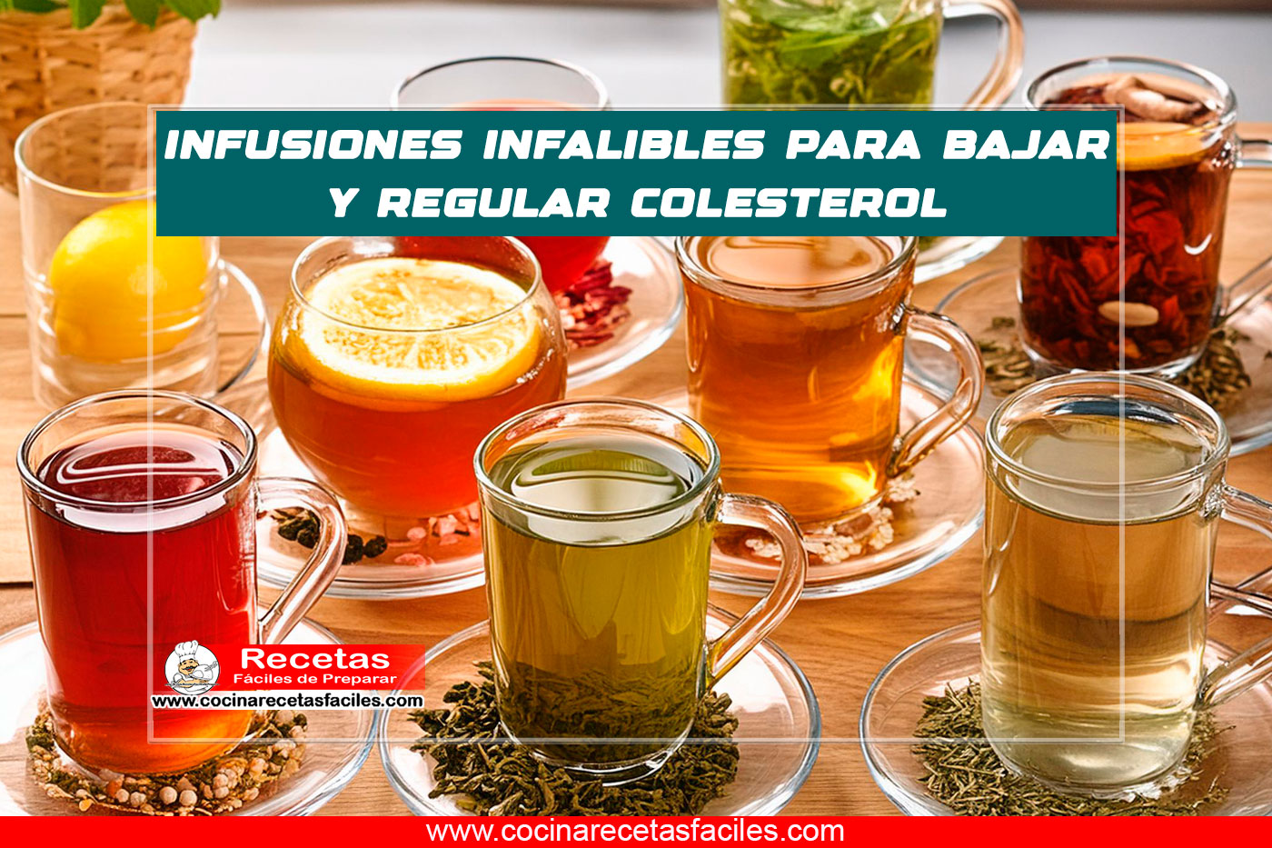 "Tazas de infusiones para bajar y regular el colesterol sobre una mesa de cocina."