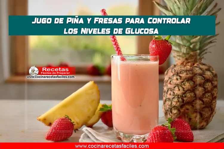 Jugo de piña con fresas servido sobre una mesa de madera