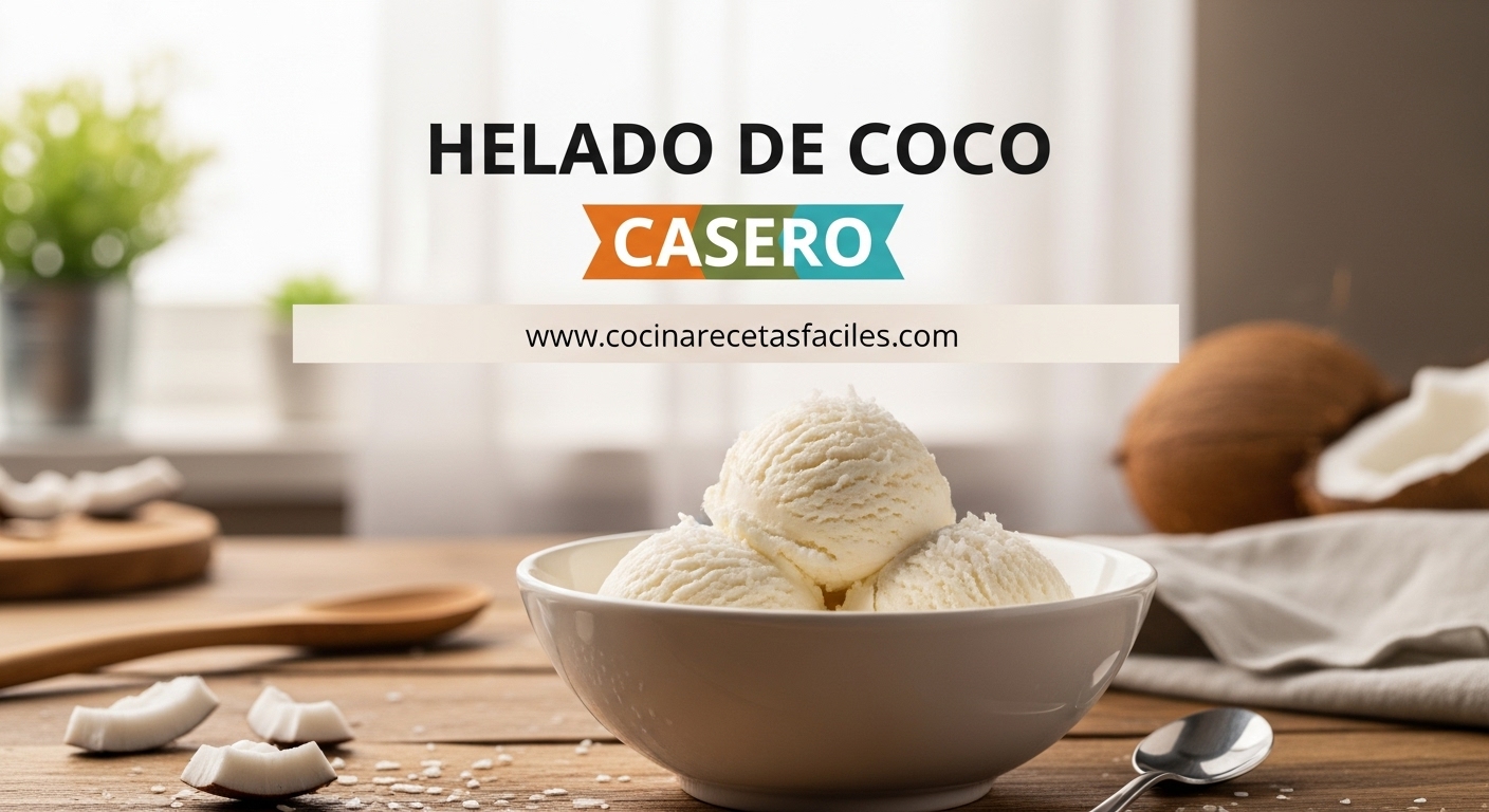 Helado de coco casero cremoso servido en bowl blanco sobre mesa de madera con coco rallado y luz natural