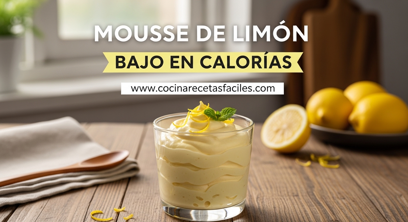 Mousse de limón bajo en calorías servida en vaso de cristal transparente sobre mesa de madera rústica, decorada con ralladura de limón fresca y hoja de menta, con luz natural suave