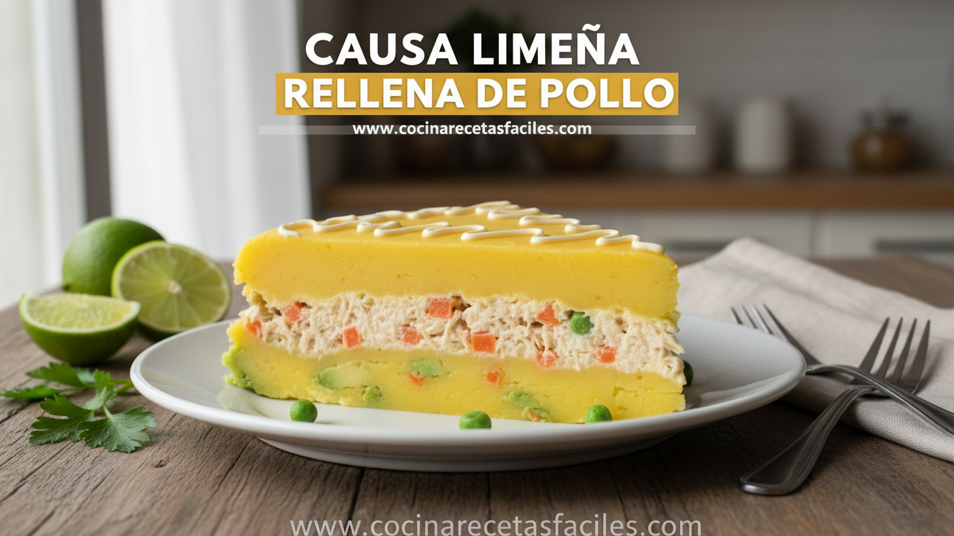 Causa limeña peruana en corte triangular mostrando capas de papa amarilla con ají, relleno blanco de pollo con mayonesa, zanahorias y arvejas, decorada con líneas de mayonesa sobre fondo negro