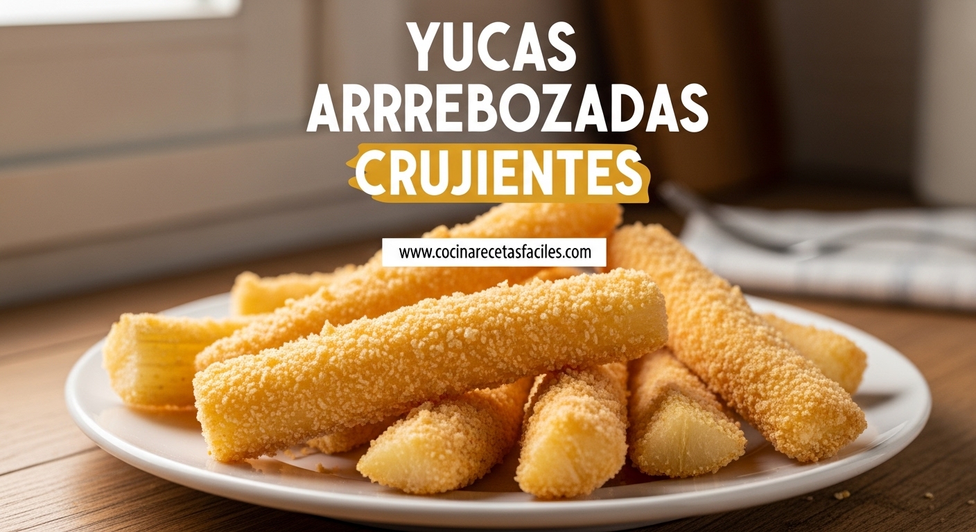 Yucas arrebozadas doradas y crujientes servidas en plato blanco sobre mesa de madera rústica, receta fácil paso a paso