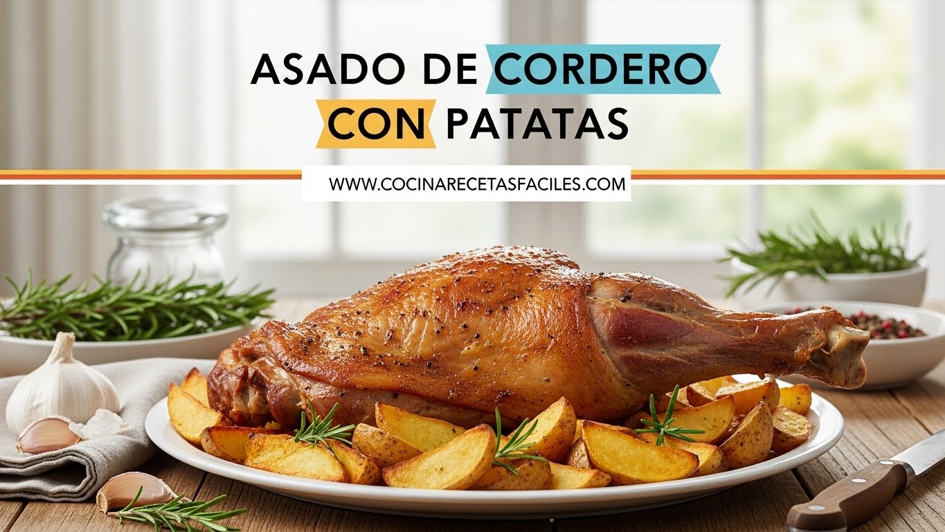 Asado de cordero dorado con patatas crujientes y hierbas aromáticas servido en fuente de madera
