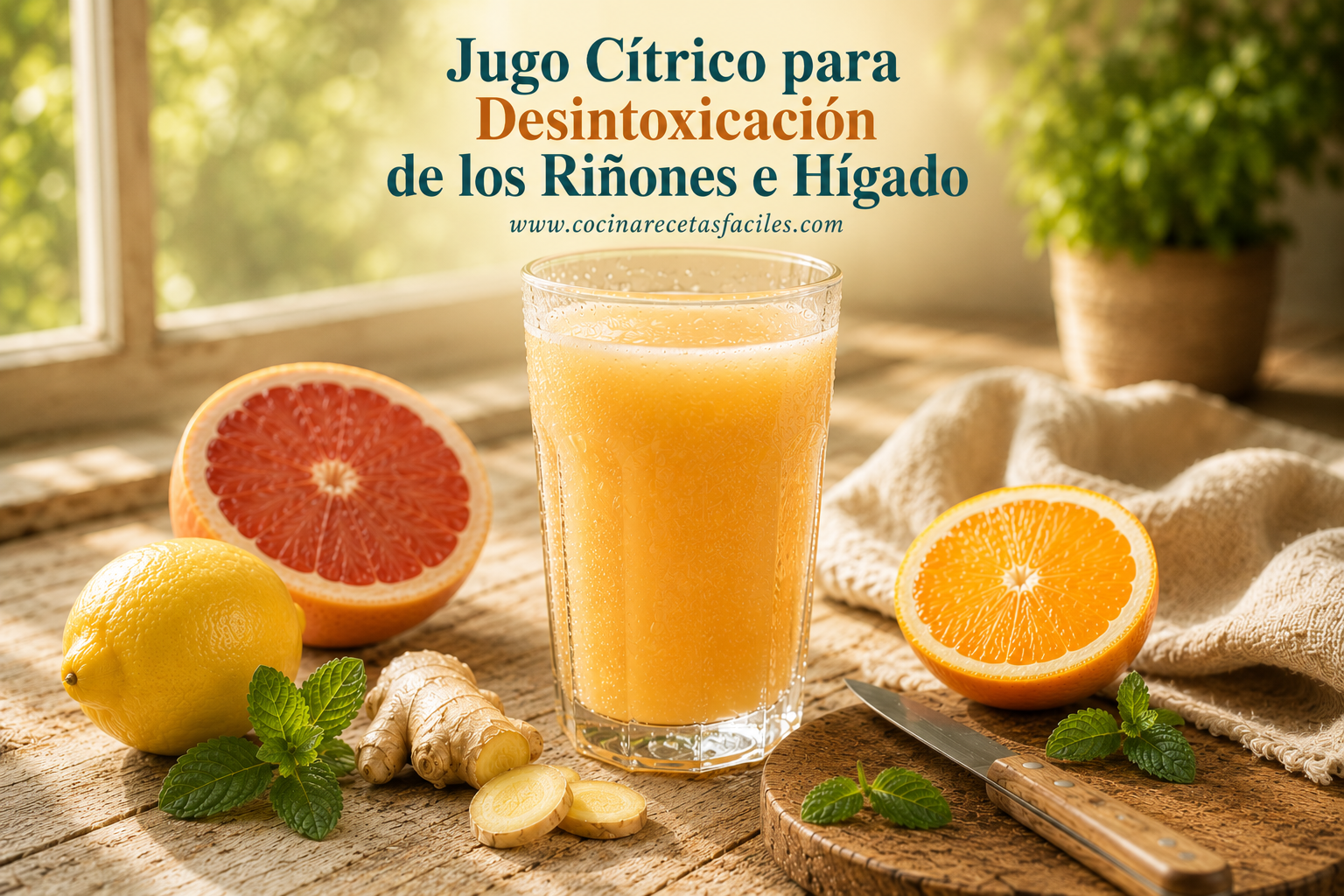 Vaso de jugo cítrico de toronja, naranja y limón sobre mesa de madera rústica con frutas frescas alrededor