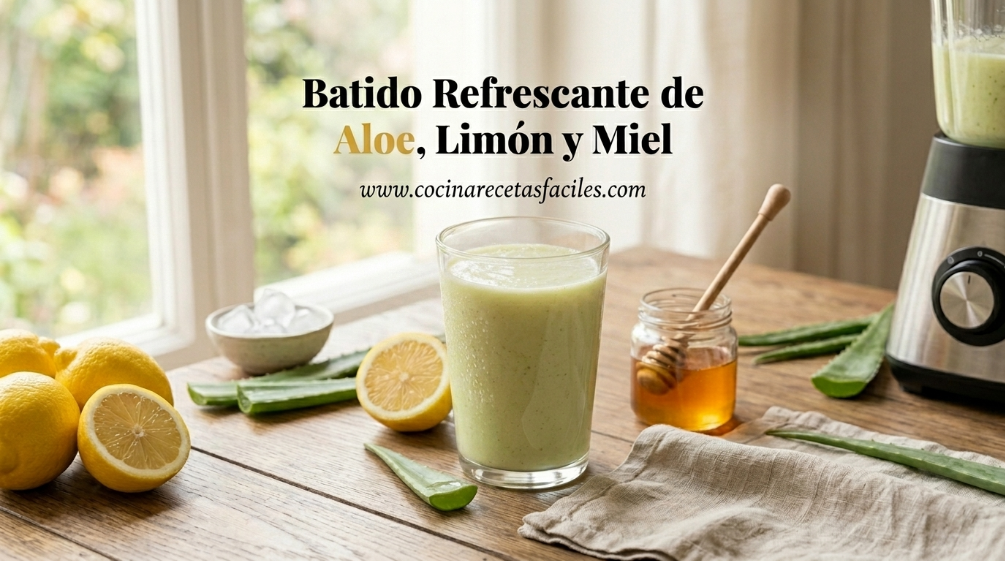 Vaso de licuado casero de aloe vera, limón y miel sobre mesa de madera con luz natural