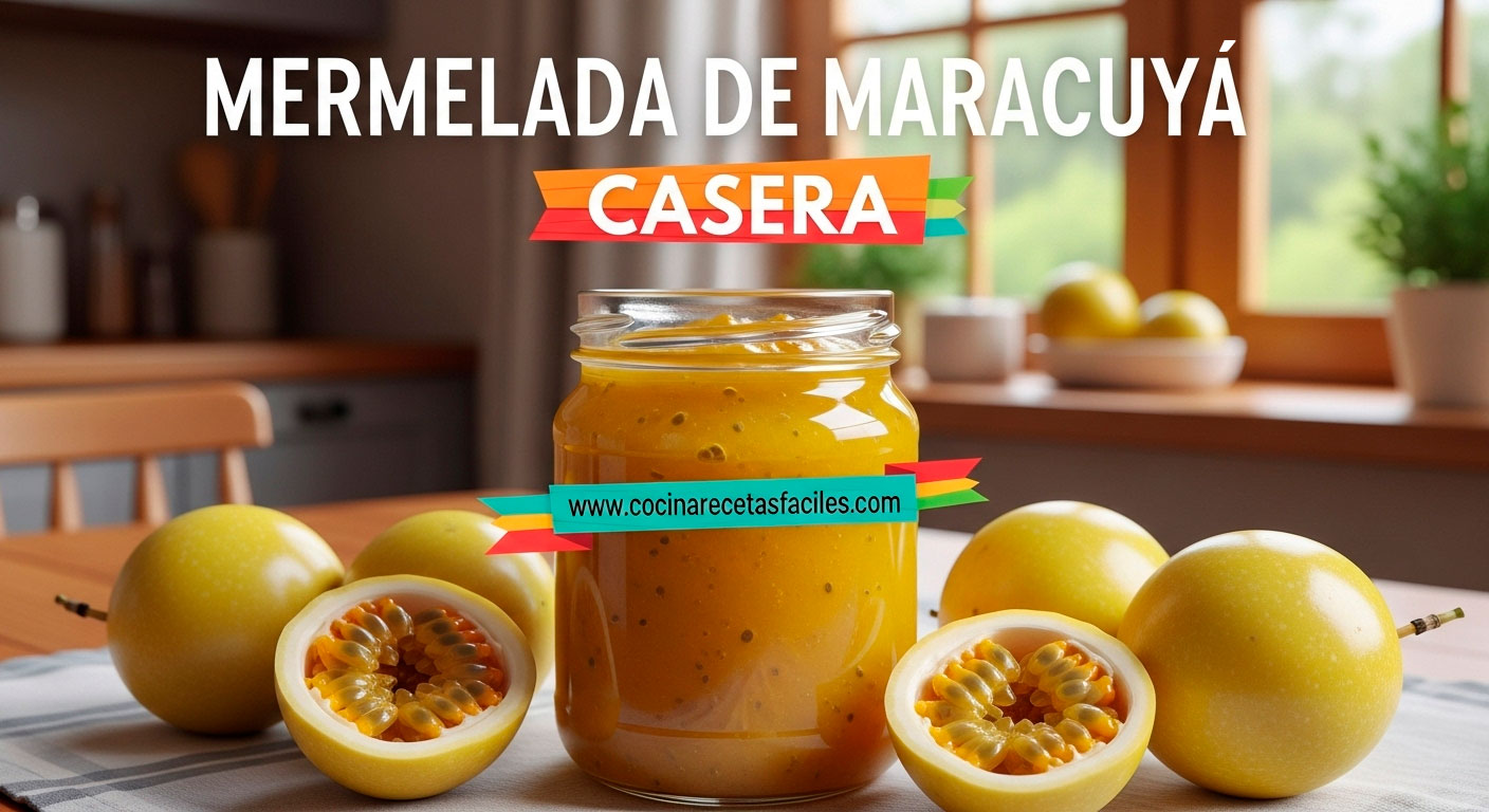 Mermelada de maracuyá casera en frasco de vidrio con frutas frescas cortadas sobre mesa de madera