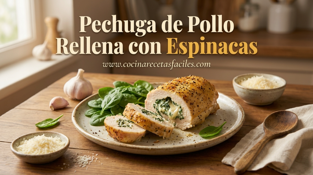 Pechuga de pollo rellena con espinacas y queso al horno, cortada en rodajas y servida en un plato rústico