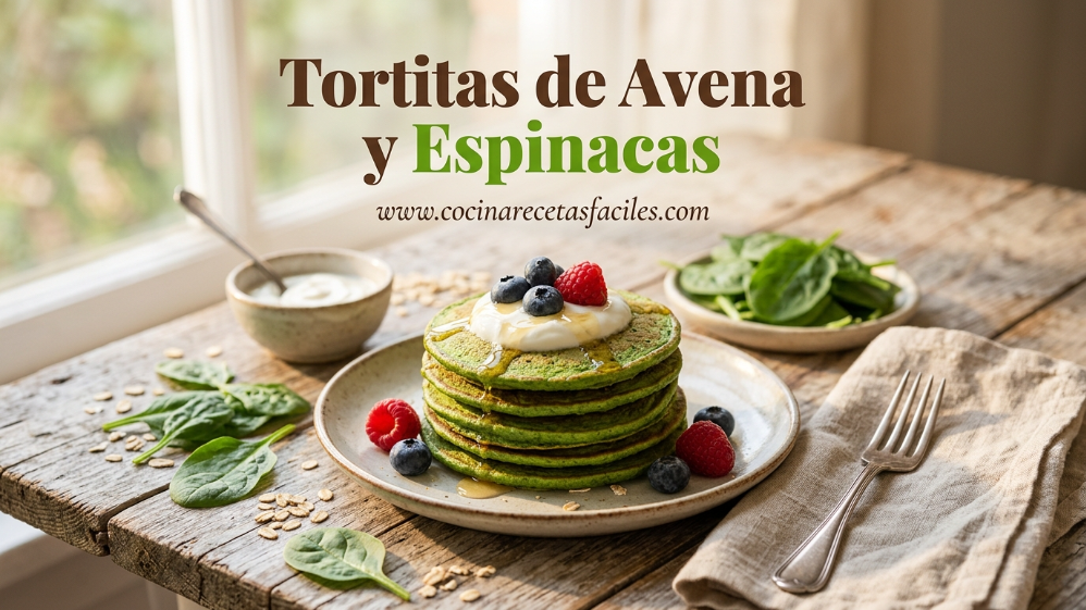 Tortitas de avena y espinacas apiladas, receta saludable fácil de preparar en casa