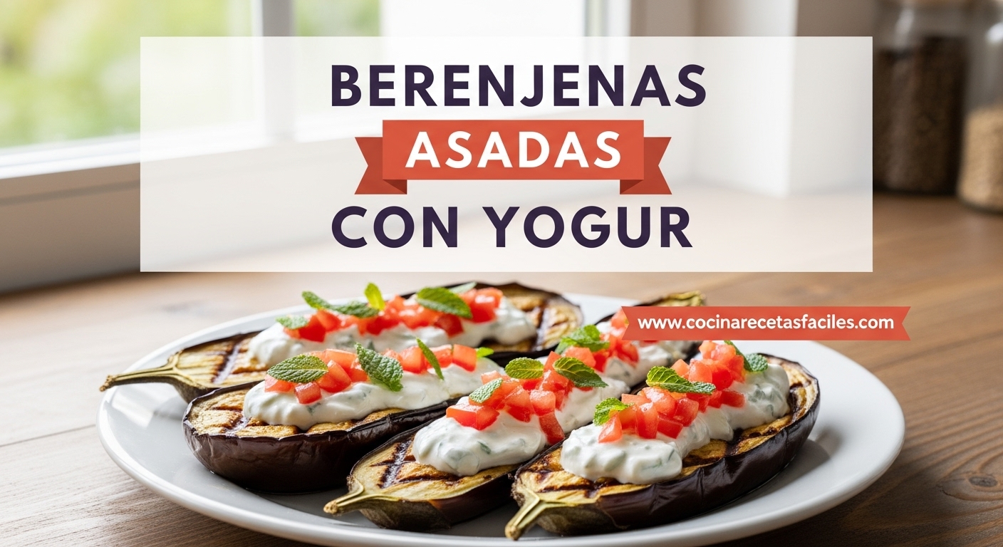 Berenjenas asadas con yogur servidas en plato sobre mesa de madera rústica, decoradas con tomate fresco picado y hojas de menta, receta mediterránea saludable y fácil de preparar